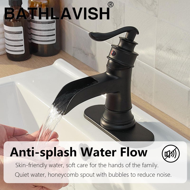 BATHLAVISH Matte Black Waterfall Bathroom Faucet, Single Handle Bathroom Sink Faucet 1 Hole or 3 Hole, Vanity Sink Faucet for Vintage Antique Lavatory Washroom with Pop Up Drain, Deck, 2 Hoses - Image 2